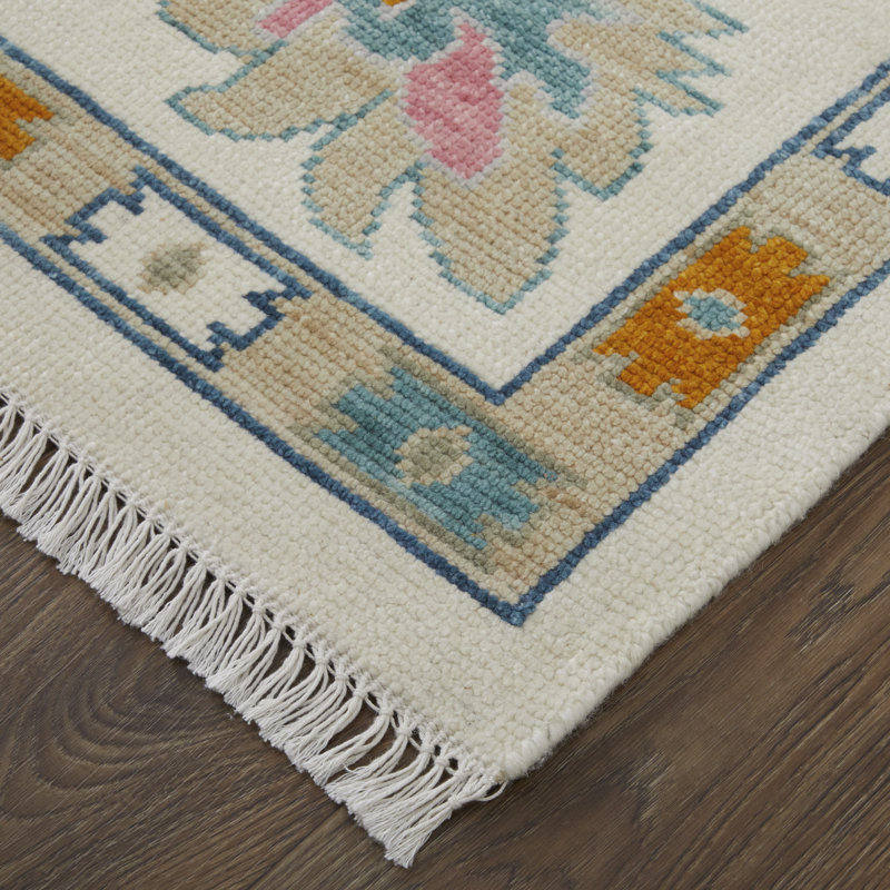 Karina Hand Knotted Wool Floral Area Rug in Ivory/Blue/Green/Orange, Rectangle 3'6" x 5'6"