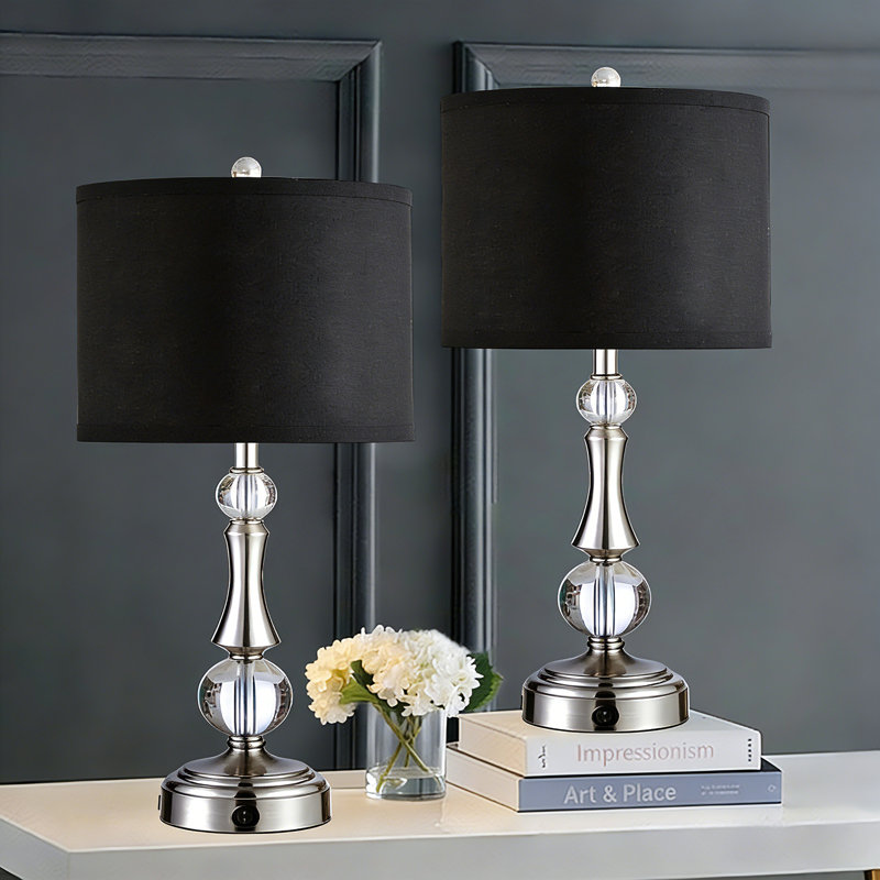 Table Lamp Set of 2 with Crystal Accents & Built-In USB Ports – Elegant Silver Bedside Lamps with Free LED Bulbs