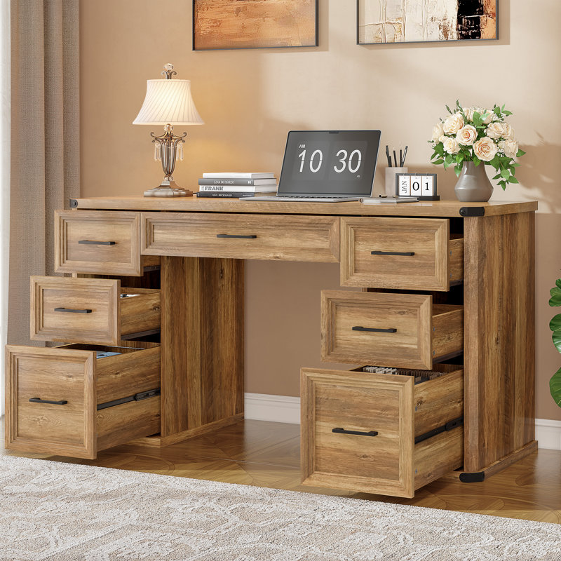 Bureau de direction Farmhouse avec 7 tiroirs, bureau d'ordinateur 55 pouces avec 2 classeurs et station de charge, brun rustique