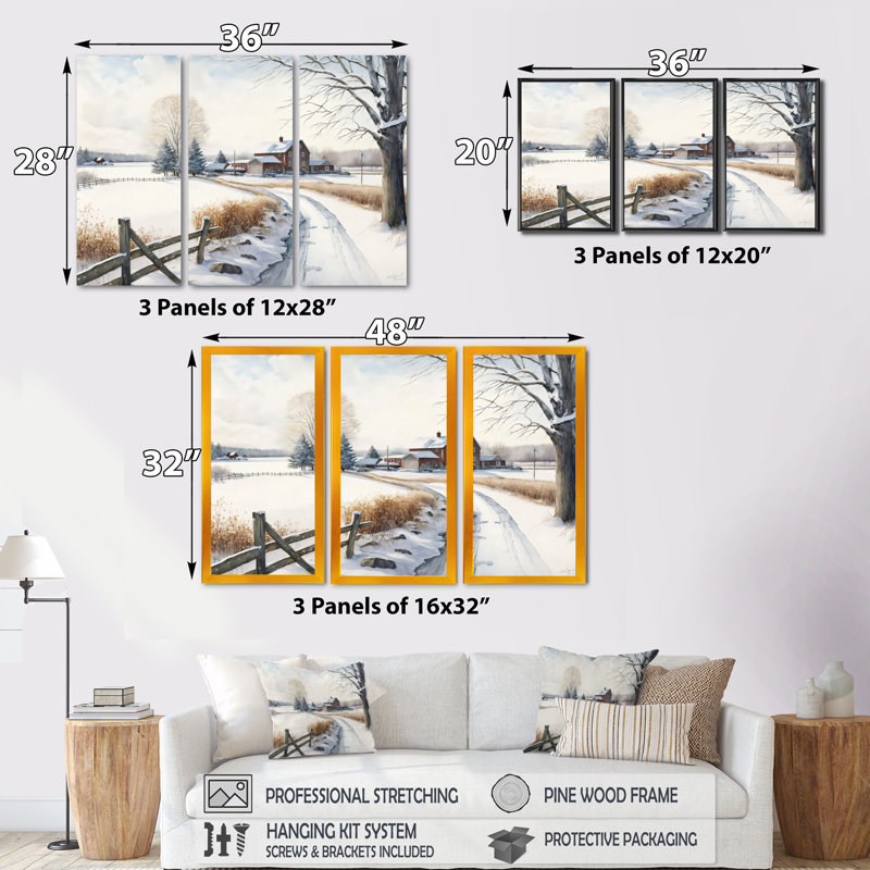 Oklahoma Farm In Winter - ensemble d'art mural sur toile, Cadre noir, H 28 po x l 36 po x P 1 po