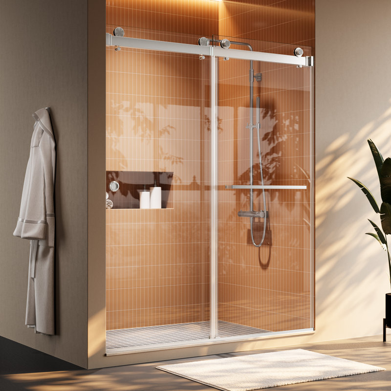 55-59" W X 72" H Frameless Double Sliding Shower Door | 8Mm SGCC Certified Light Wave Tempered Glass | Reversible Installation | Brushed Nickel Stainless Steel Hardware