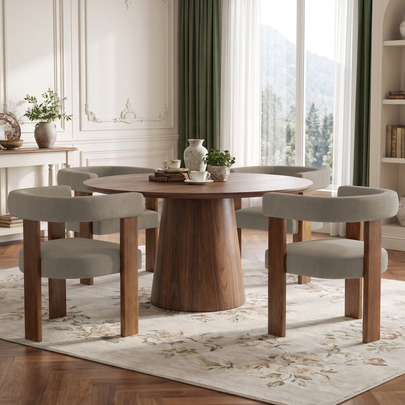 Mamanbai 17.7" Seat Height Modern 3-Leg Chenille Dining Chair with Walnut Frame & Wraparound Back, 4, Brun