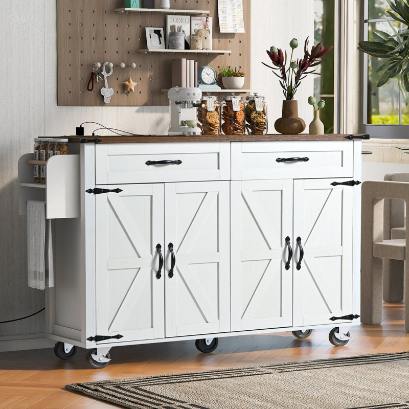 Îlot de cuisine l 53,5 po Durarte, roues verrouillables, abattant, Blanc, Bois manufacturé