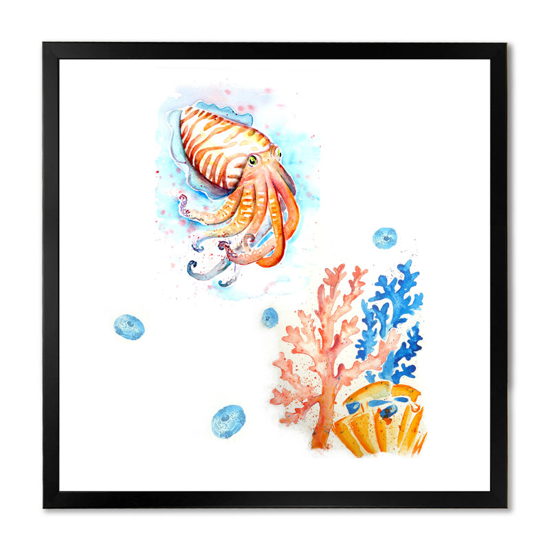 Aquarelle, seiche, art mural II, Cadre photo noir, H 16 po x l 16 po x P 1 po