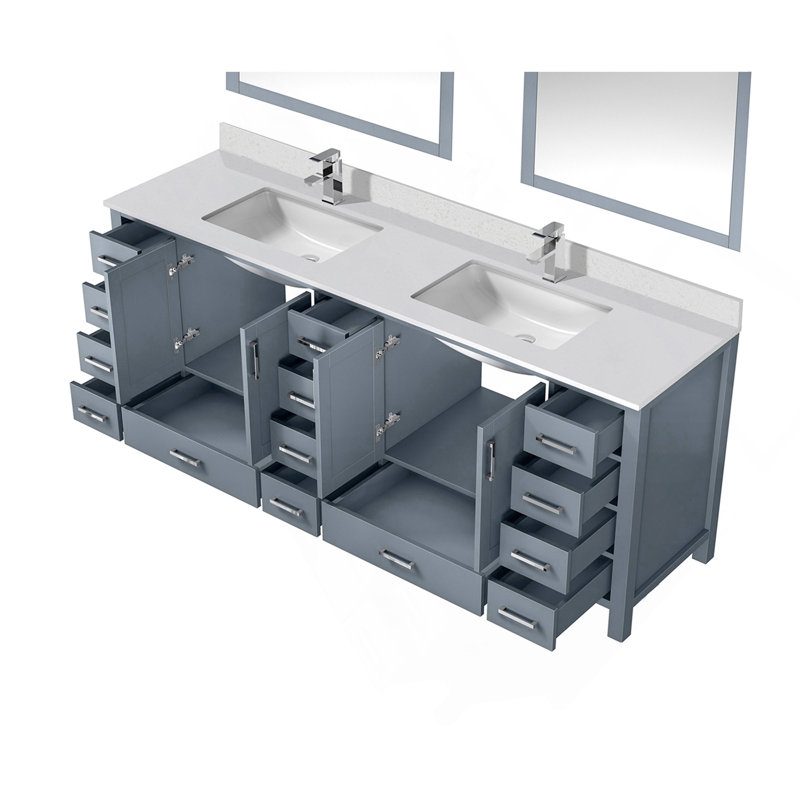 Meuble-lavabo double gris foncé 84 po X P 22 po , Comptoir en quartz blanc, ensemble de robinets et Miroirs