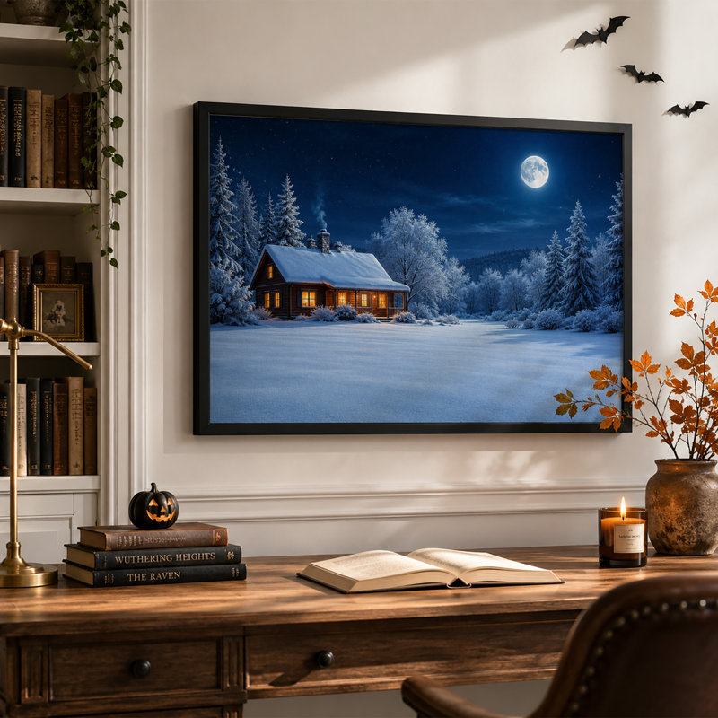 Cabane en bois enneigée avec des lumières chaudes aux fenêtres sous une toile murale d'Halloween, H 16 po x l 24 po