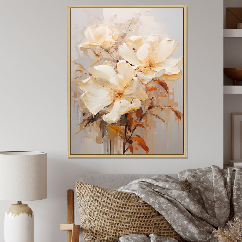Beige Hibiscus, peinture sur toile I, Cadre naturel flottant, H 40 po x l 30 po x P 1,5 po