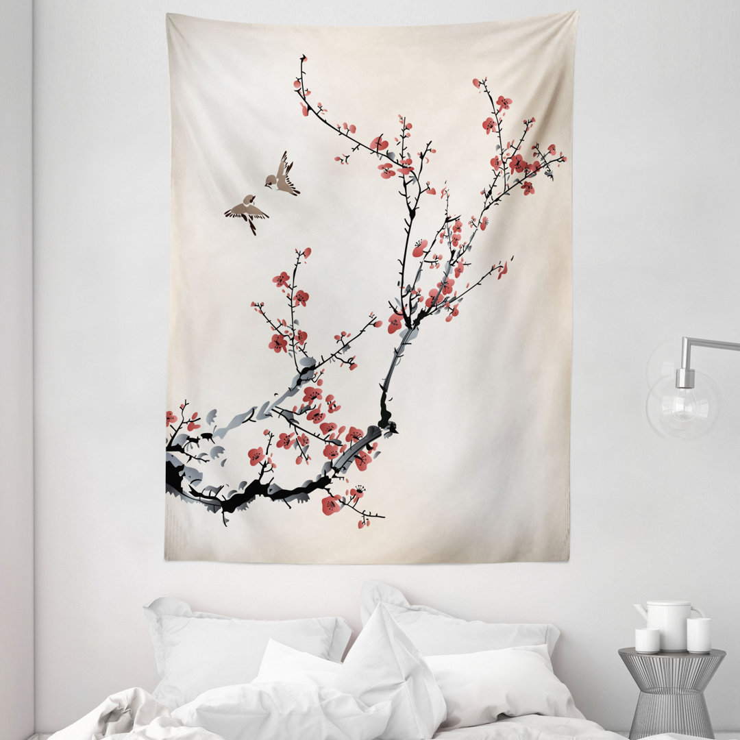 Wandbehang Blumen Knospen und Vögel mit Kirsche Zweige Stil Kunst Malerei Effekt