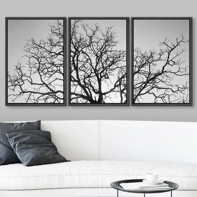 Décoration murale abstraite arbre abstrait arbre mort, photo moderne noir et blanc, H 36 po x l 72 po, Cadre flottant noir