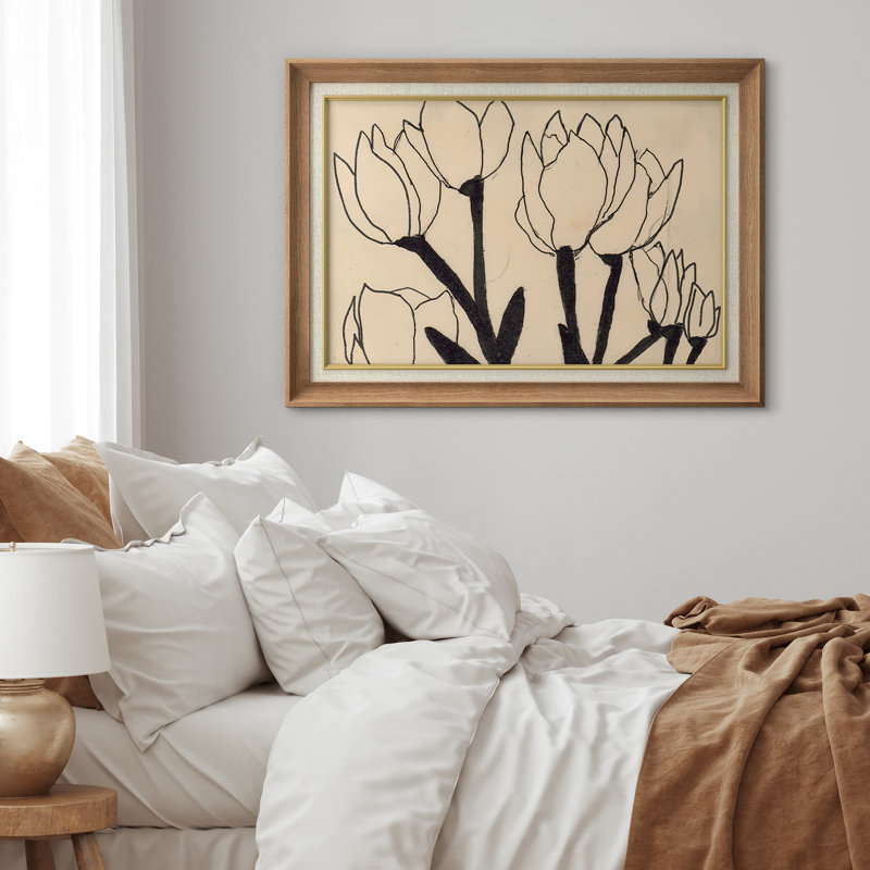 «Minimalist Black Line Art Tulips», reproduction d'art encadrée sur papier, H 26 po x l 36 po x P 1,5 po