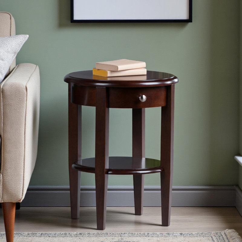 Luciano Brown Round End Table with 1-Drawer for personal items, 22.29'' H X 17.19'' W X 17.19'' D