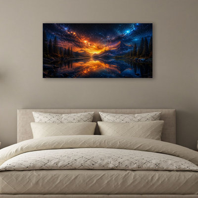 Canvas Wall Art Majestic Mountain Lake Sunset Starry Sky Reflection Wall Decor for Living Room Bathroom Bedroom Office 20"H x 40"W Art Paintings, Read