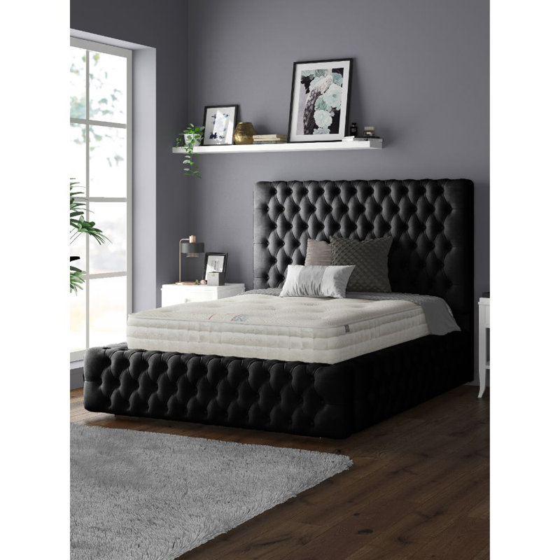 Clovis Upholstered Bed, Black, Small Double (4'), Plush Velvet
