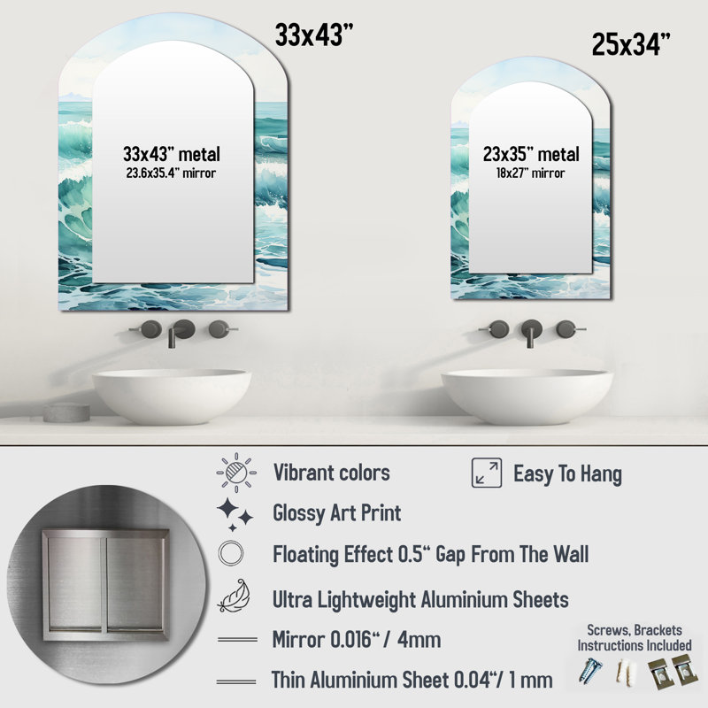 Green Minimalisme Tranquil Waters - Miroir décoratif en arche côtière sur métal, 34 po x 25 po