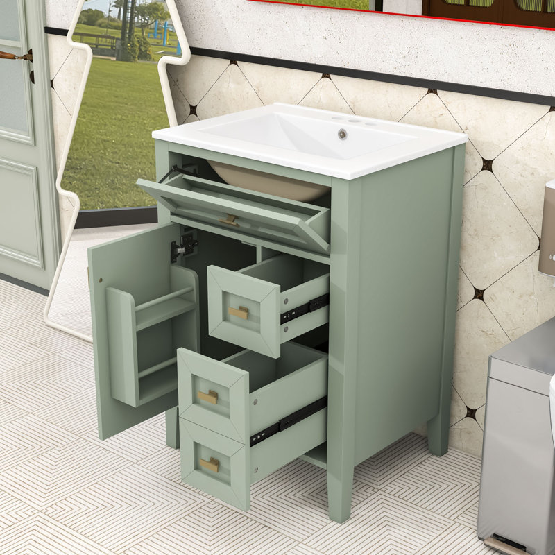 Meuble-lavabo compact en bois avec rangement spacieux, Vert clair