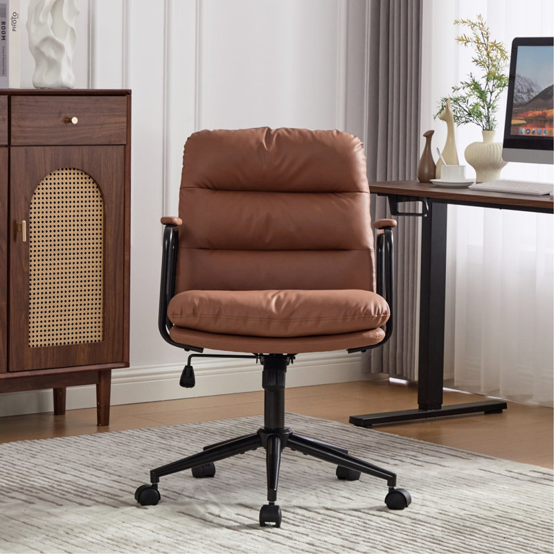 Office Chair With 40 Reclining Back, Mid Back And Padded , Wheels, Ergonomic Pu Leather, 360 Swivel, Adjustable Height, Double Sponge Cushion, Black, For Bedroom Study Makeup Vanity
