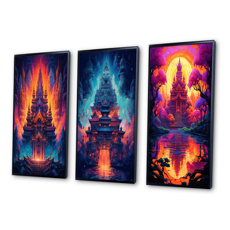 Thai Buddhist Temple Spiritual Dreamscape I - Buddhism Art Set Of 3 Pieces, H 40 po x l 60 po, Cadre flottant noir