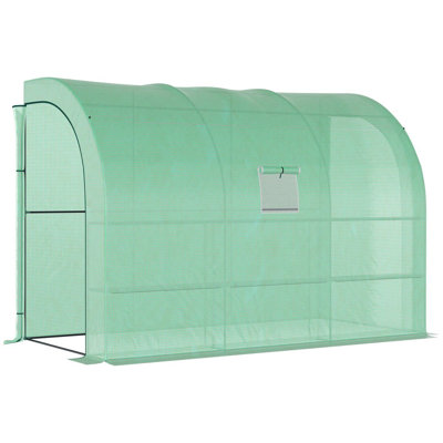 Serre adossée de 10 pi x 5 pi x 7 pi, serre verte, pépinière avec 2 portes et fenêtres à enroulement, housse en PE et 3 tablettes grillagées, vert