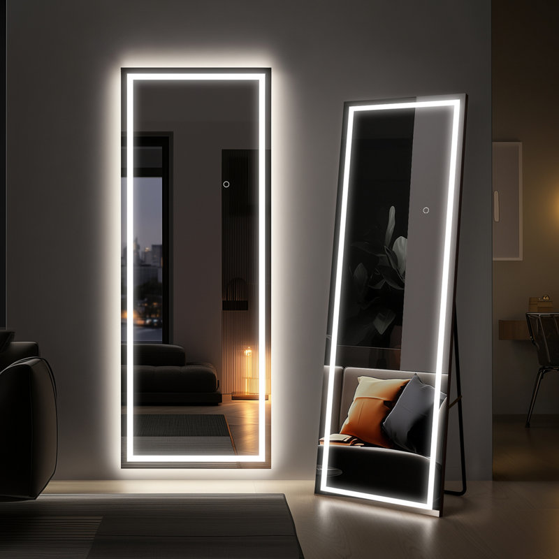 Oakleaf Tempered Glass LED Full Length Mirror – Touch Control, 3-in-1 Freestanding / Leaning / Wall-Mounted, 63" x 24", Black
