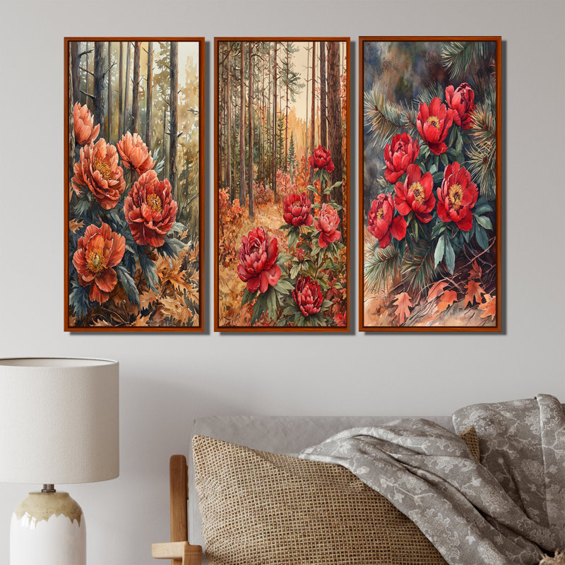 Pivoines parmi les pins d'automne I - Collection de grandes décorations murales pivoines, H 28 po x l 36 po, Brun