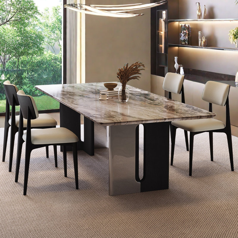 Simple Rectangular Natural Marble Dining Table Set, 29.5"H x 70.9"L x 35.4"W