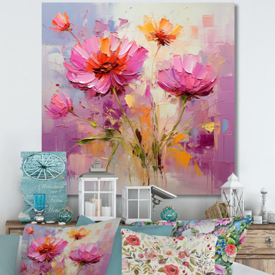 Rose et jaune fleurs de jardin - art mural bleuets