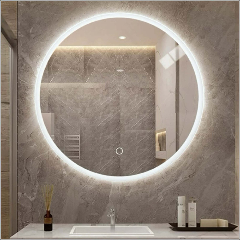 Miroir de salle de bain rond à DEL avec lumière, miroir de meuble-lavabo mural, anti-buée, à température réglable et fonction de gradation