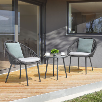 Kulp 3-Piece Patio Bistro Set, Outdoor Conversation Chair Set Balcony with Tempered Glass Coffee Table and Light Grey Cushions, Water-Resistant Woven Rope for Poolside