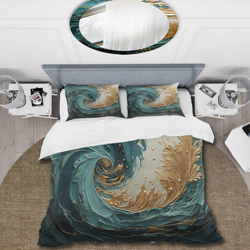 Ensemble de housse de couette Gold Teal Ocean Spiral V - Abstract Spirals, Housse de couette très grand et 2 très grandes t