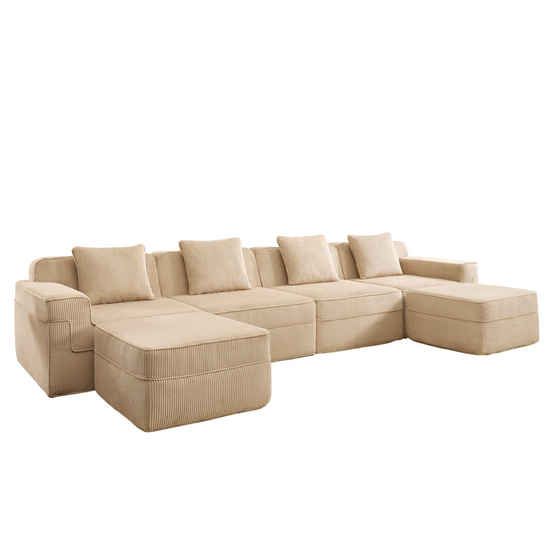 Canapé modulaire en forme de U à 4 places en velours côtelé avec confort en forme de nuage, coussins décoratifs, 2 repose-pieds amovibles et mousse à haute résistance Camel Comfort sans assemblage requis