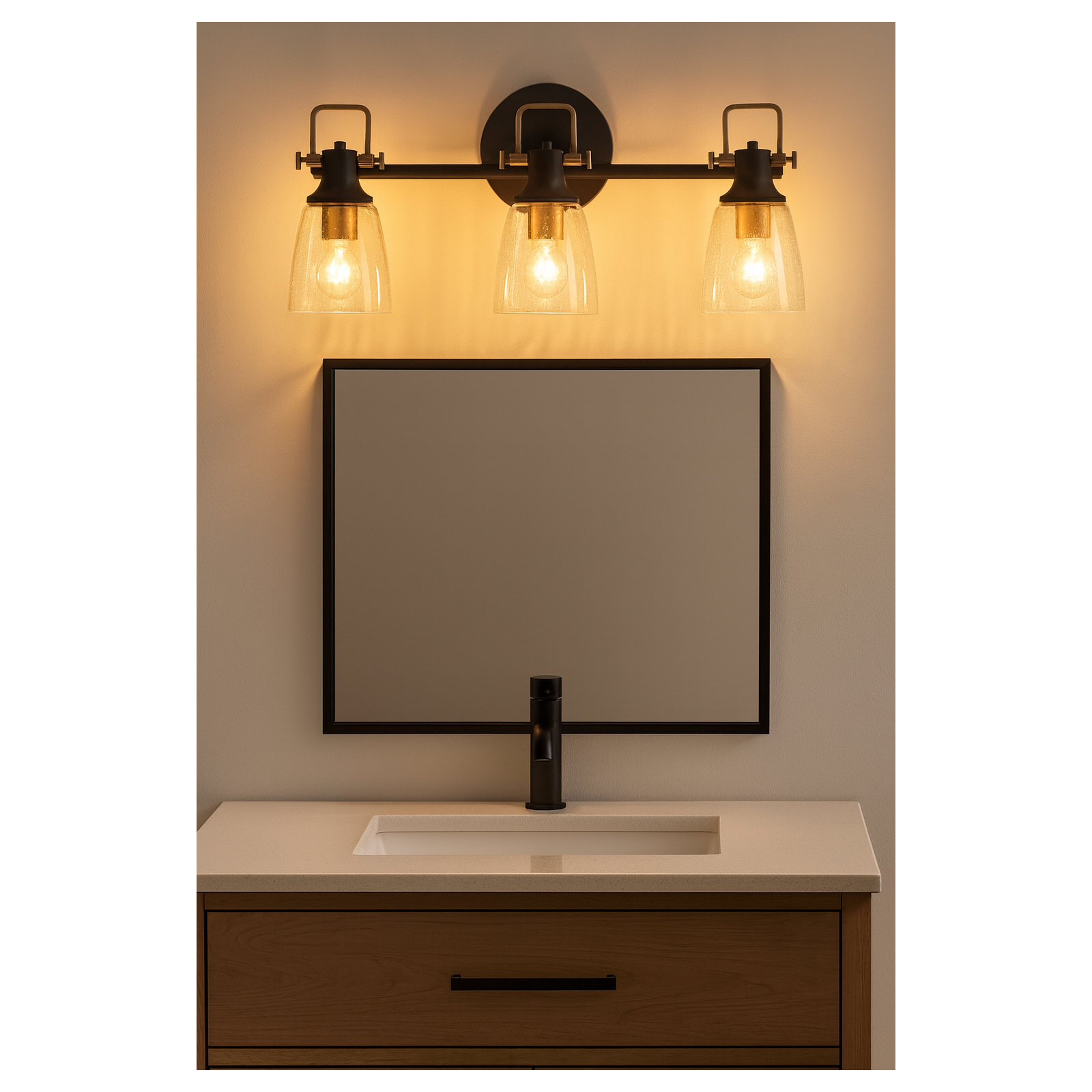 Easton Three-Light Bath Vanity Fixture w/ Clear Seedy Glass Shades, Black/Gold