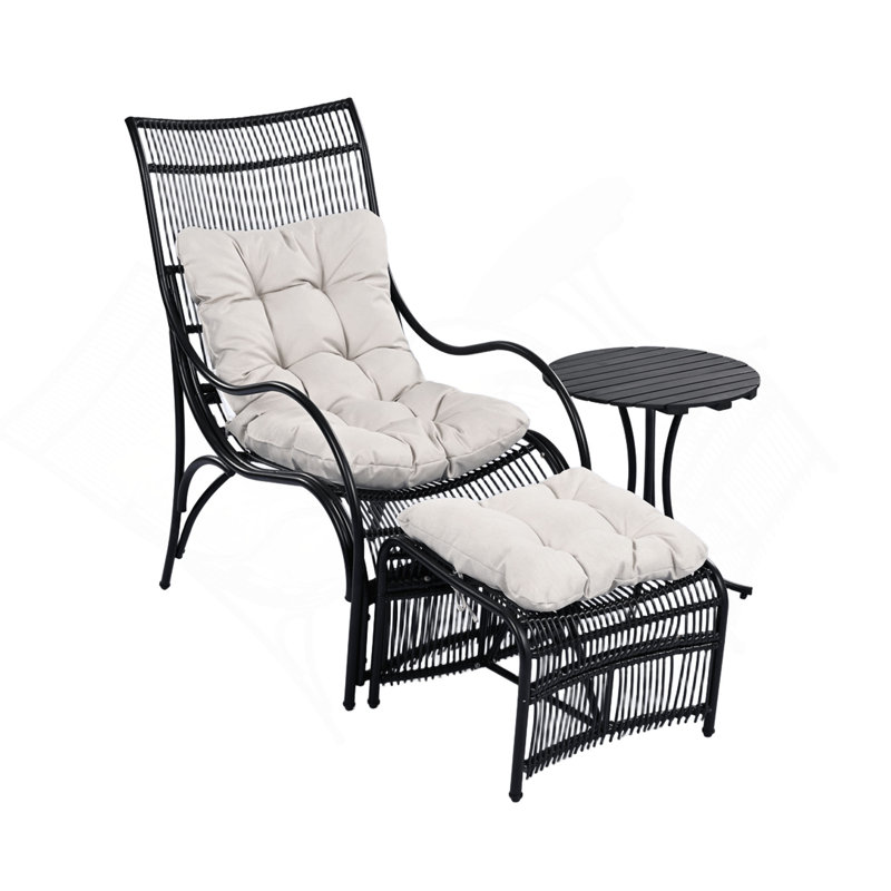 3 Pieces Wicker Outdoor Patio Furniture Set With Lounge Chair, Balcony Chairs Table Set With Cushions, Ottoman, Patio Conversation Sets For Garden ,Deck,And Porch