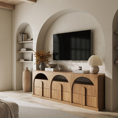 Meuble télé 70 po pour téléviseur de 75 po ou moins avec tiroirs et tablettes ouvertes, brun clair