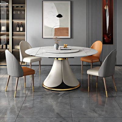 Table de salle à manger extensible de luxe 59,06 po avec plateau en pierre frittée et plateau tournant rotatif intégré