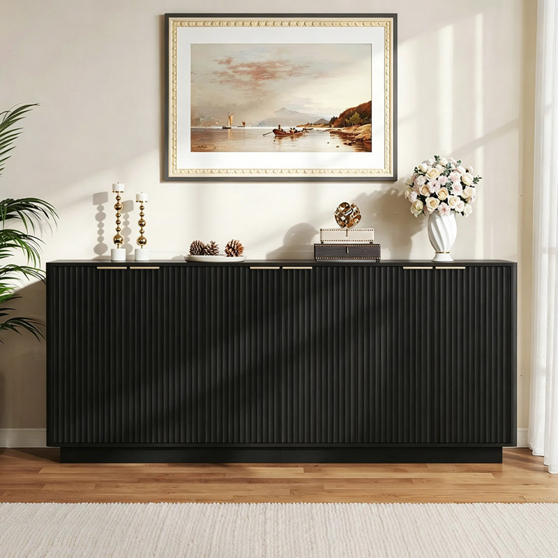 Fluted Sideboard Cabinet, Credenza With Adjustable Shelves, Black, 31.8" H x 74.8" W x 15.7" D