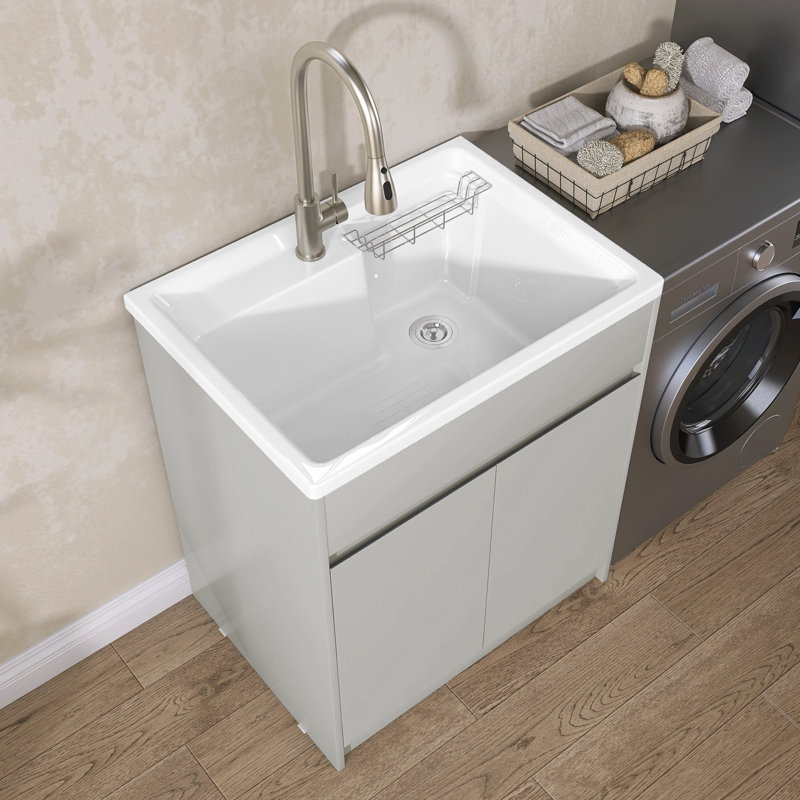 Freestanding 30'' Light Grey Laundry Sink Cabinet with Hot & Cold Water Faucet Drop-in Solid Surface Utility Sink