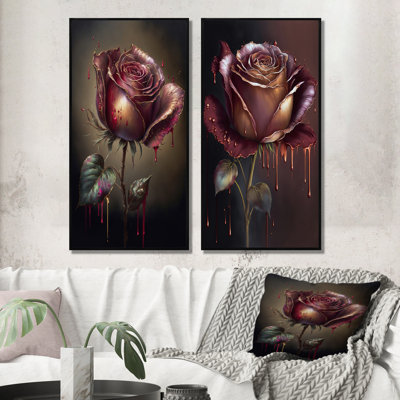 «Red Paint Drip Rose», 2 pièces sur toile