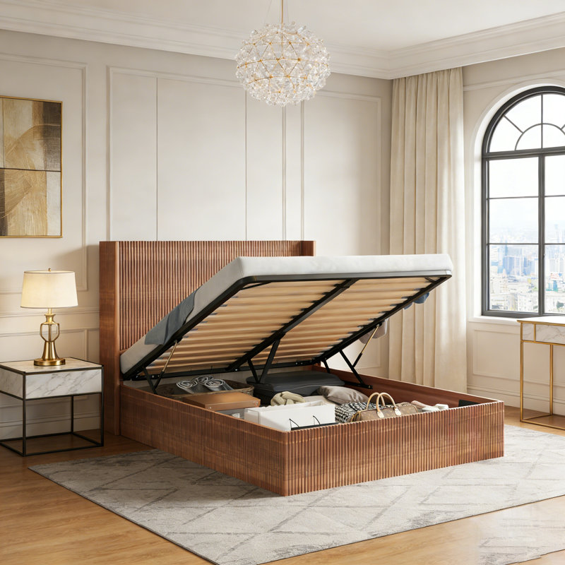 Grande base de lit avec rangement ondulé et ondulé, plateforme en bois avec élévateur silencieux, Grand lit, Bois naturel