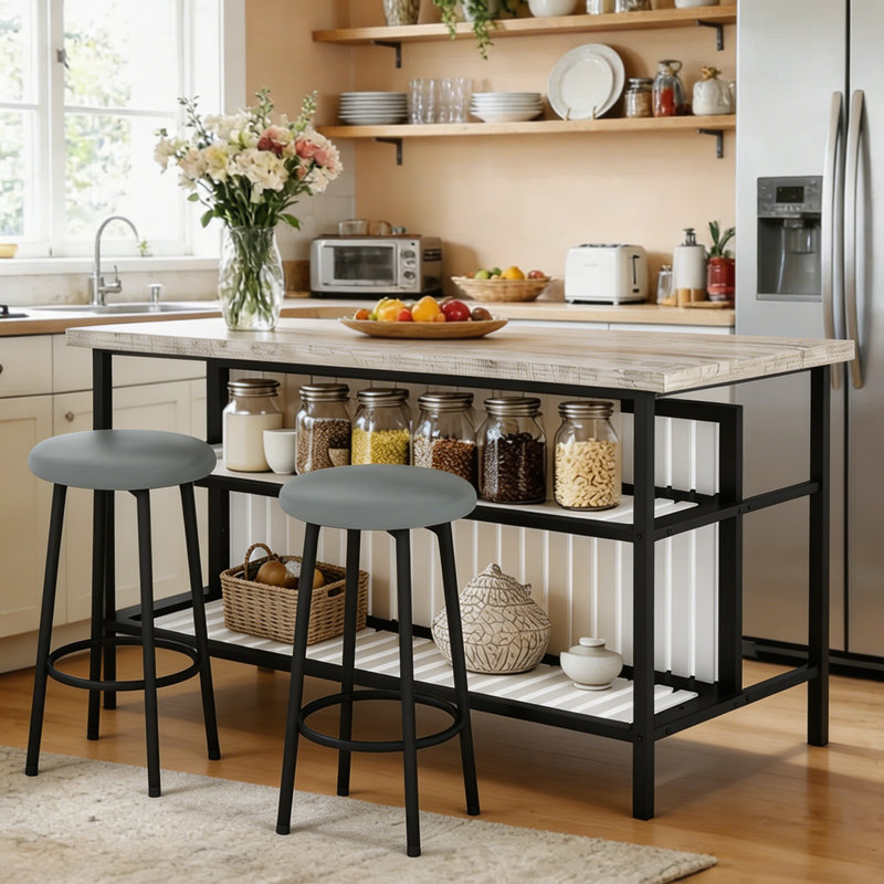 Grondin 47.24" Iron Kitchen Island Set, Light Gray