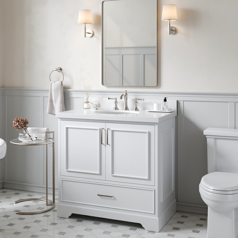 Meuble-lavabo simple avec plateau Abshire 37, Blanc, Quartz blanc pur