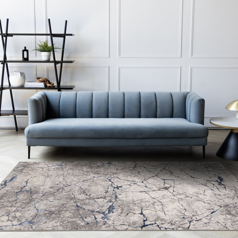 Tapis ivoire, gris, bleu, moderne pour le salon, Rectangle 7 pi 10 po x 10 pi 6 po