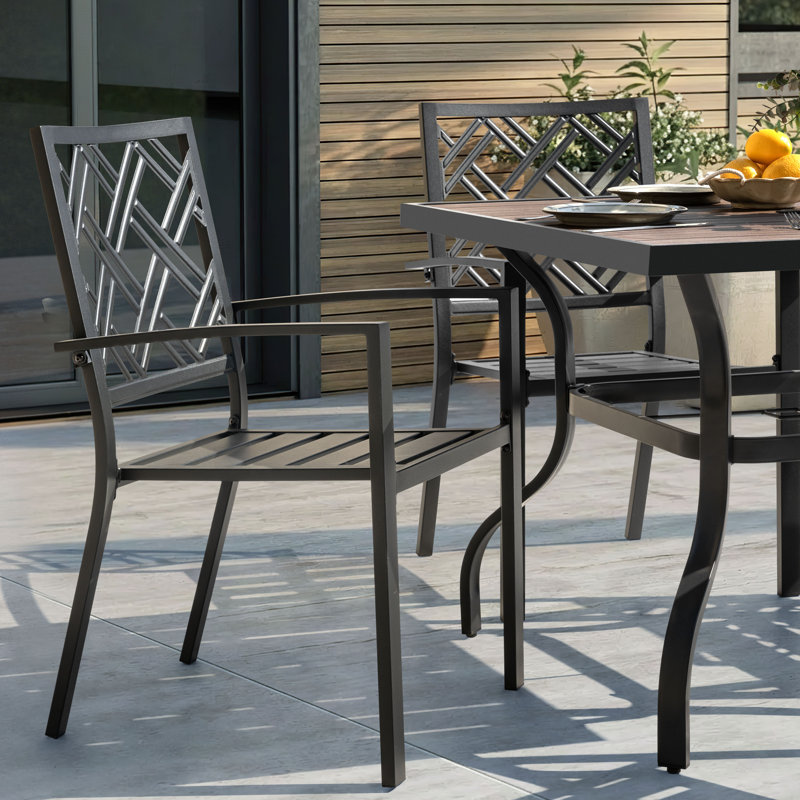 5pcs Patio Dining Set With Umbrella Hole, Faux Wood Top, Stackable Design