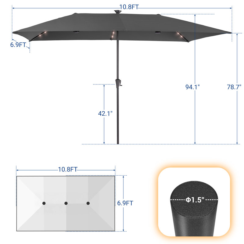Parasol de marché extérieur 11 pi x 7 pi DEL à double face avec manivelle, Anthracite