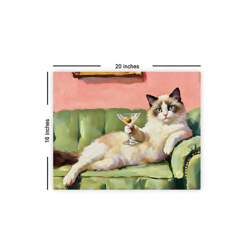 Art mural rétro sur toile, chat rigolo sur un canapé vert, impression sur toile - décoration murale pour le salon, 16 L x 20 l