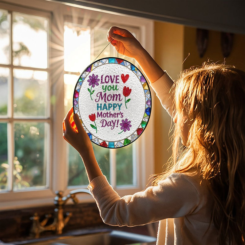 Panneau de vitrail pour fenêtre Love You Mom, 7,8 x 7,8 po (20 x 20 cm)