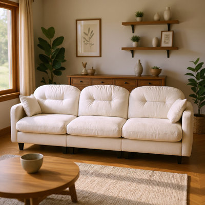 Canapé modulaire à 3 places de 107 po en chenille douce avec dossier capitonné, accoudoirs élégants et base en bois, beige