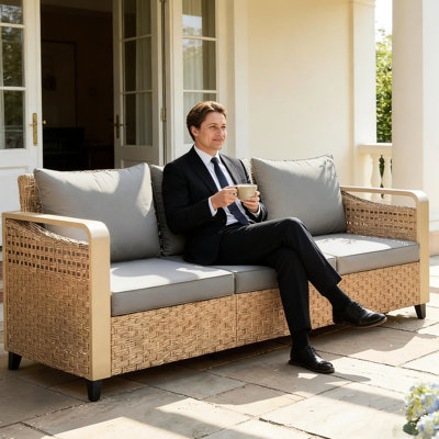 Banquette de jardin de 180 cm de large avec 7 cm d'épaisseur, style brun et gris, pouvant supporter jusqu'à 360 kg, coussins de 8 cm, montage rapide pour terrasse ou balcon spacieux, grande capacité, installation facile