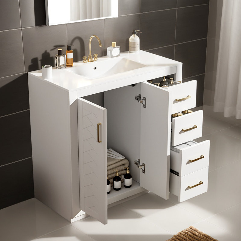 Meuble-lavabo 36 po avec lavabo en céramique, meuble-lavabo autoportant avec 3 tiroirs et 2 portes, portes à fermeture douce