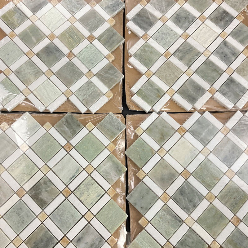 Marble Pinwheel Mosaic Wall & Floor Tile, Ming Green/Thassos White/Honey Onyx