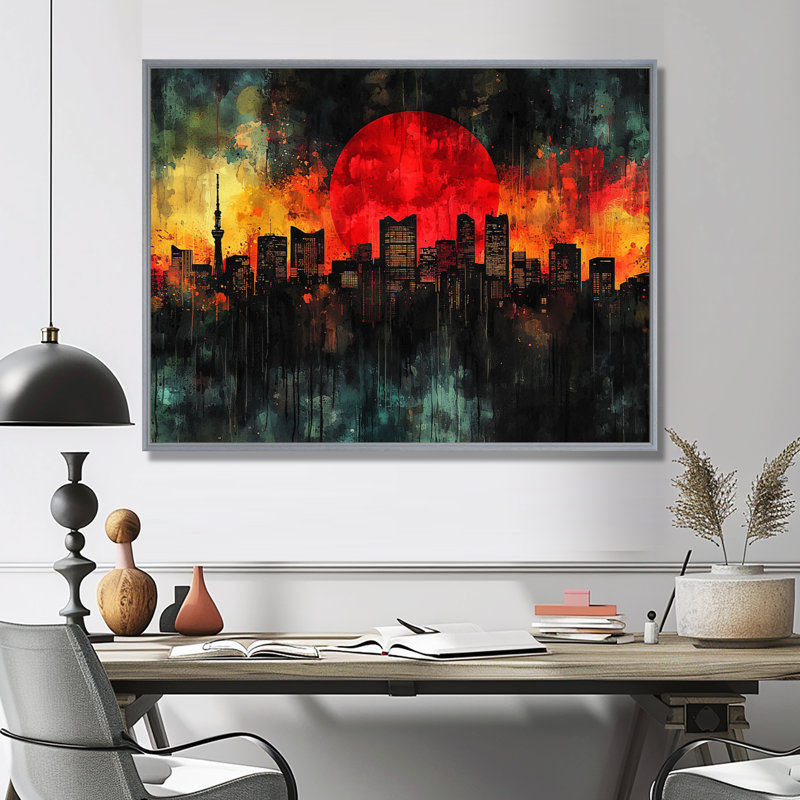 Orange orange, noir, horizon de Tokyo I - Japon, art mural, H 30 po x l 40 po, Impression encadrée flottante, Argent argent